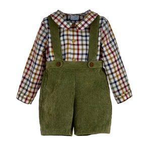 NWT- 12M LULI & ME GREEN CORDUROY SUSPENDER SHORTS SET WITH AUTUMN CHECKS SHIRT